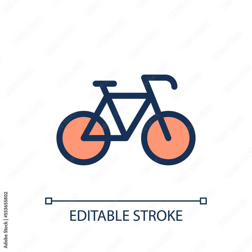 Bicycle pixel perfect RGB color ui icon. Riding bike. Rental service. Simple filled line element. GUI, UX design for mobile app. Vector isolated pictogram. Editable stroke. Arial font used