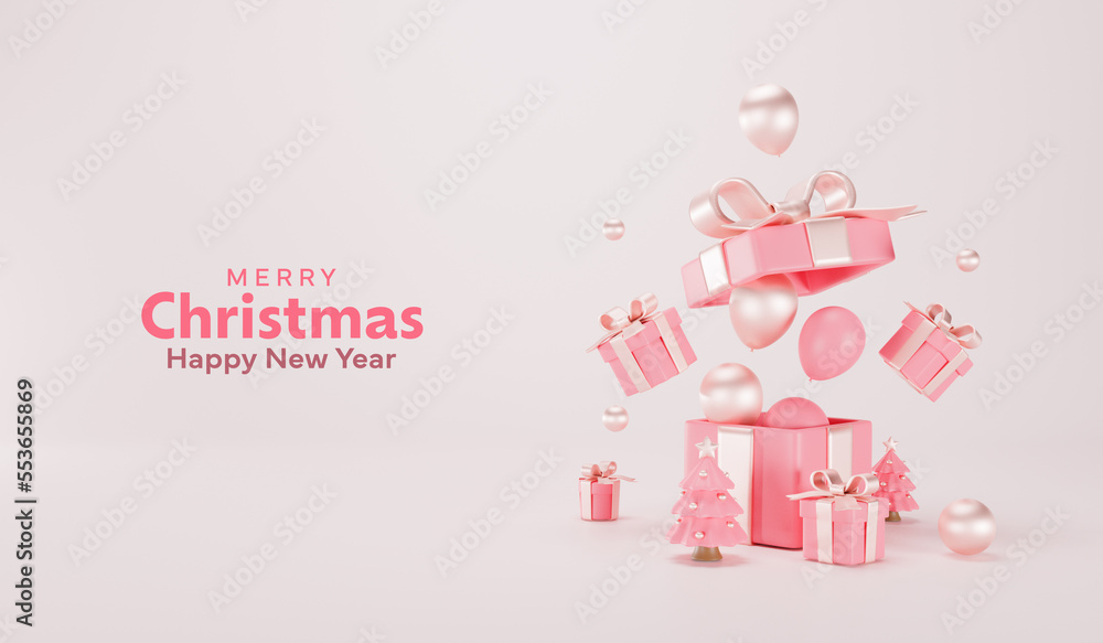 3D Rendering. Celebration concept. A series of pink gift boxes and Christmas trees mini 3d. Gift box pink color and balloons on background. Merry Christmas, Marry New Year, Xmas. Horizontal