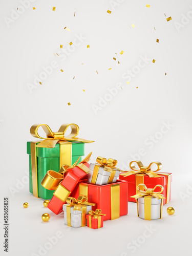 3D Rendering. Celebration concept. a set of gift boxes of various colors red white and green 3d. a festival of boxes of presents. Merry Christmas  Marry New Year  Xmas. on background vertical