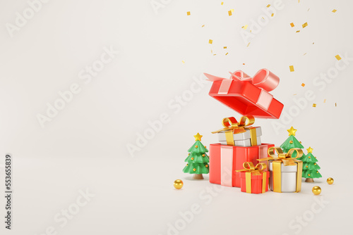 3D Rendering. Celebration concept. a set of gift boxes of various colors red white green and a Chrismas tree mini 3d. Merry Christmas, Marry New Year, Xmas. on background free space © Kritsana