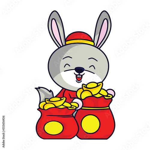 Cute rabbit Happy Chinese new year 2023 for a greeting card - wealth gold money prosperity. 