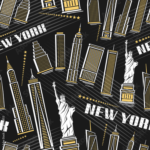 Vector New York City seamless pattern, square repeat background with illustration of contour illuminated buildings in united states on dark background, decorative urban poster with white word new york