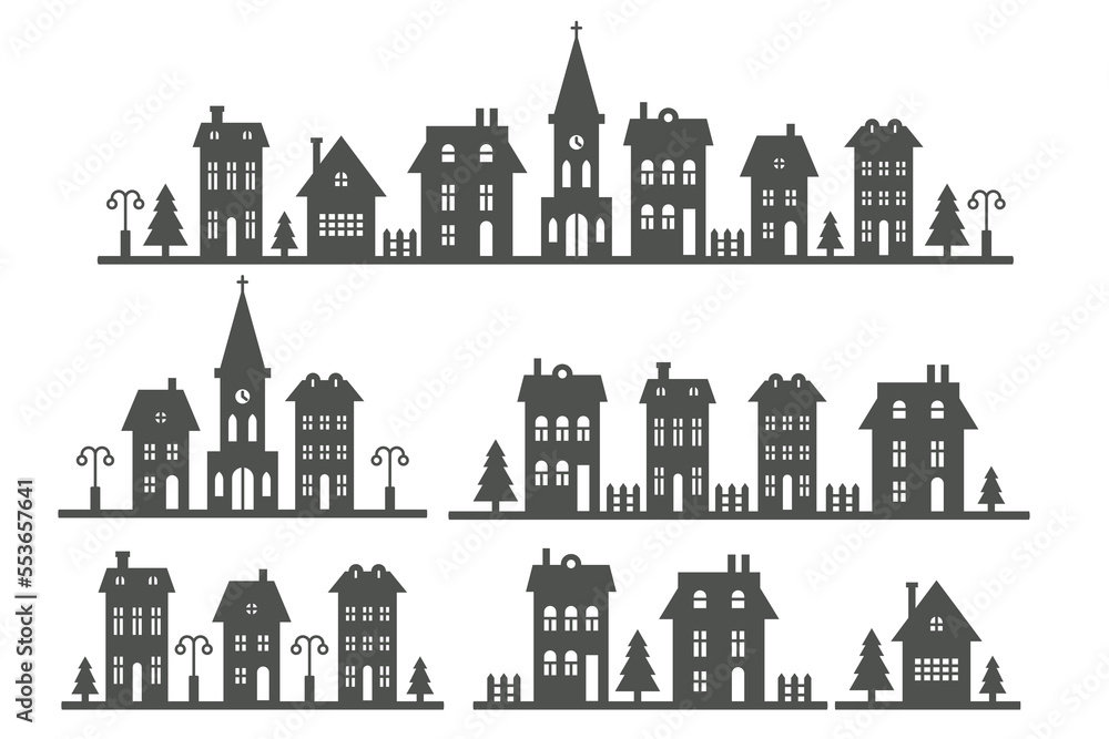 Suburban neighborhood landscape. Silhouette of houses and church on the skyline. Countryside cottage homes. Glyph vector illustration.