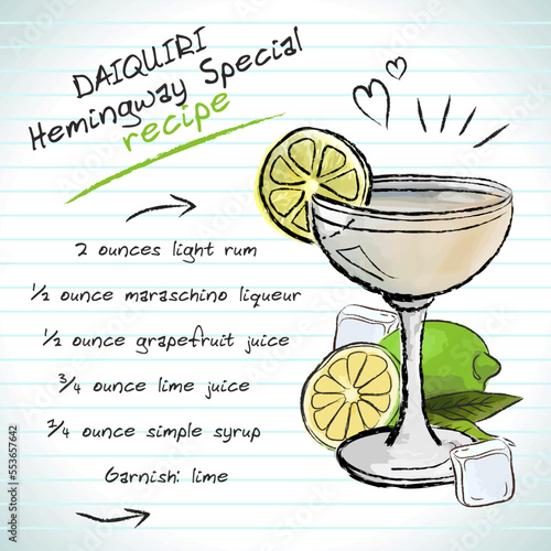 Daiquiri hemingway cocktail, vector sketch hand drawn illustration, fresh summer alcoholic drink with recipe and fruits	 photo