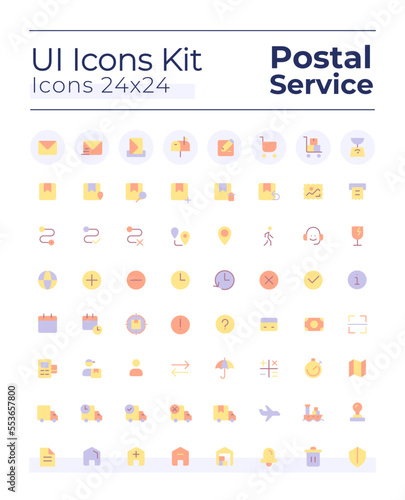 Postal service flat color ui icons set. Parcel delivery. Send and receive letter. Mailing. GUI, UX design for mobile app. Vector isolated RGB pictograms. Montserrat Bold, Light fonts used