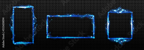 Lightning frames, blue electric borders of rectangular and square shapes with thunder bolt effect. Isolated photoframes with thunderbolt impact, magical energy flash, Realistic 3d vector bolts set