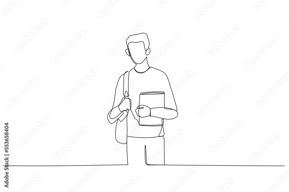Cartoon of young student of carrying bagpack and holding books. One line art style