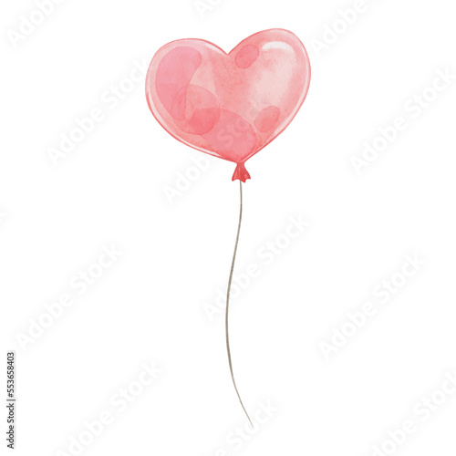 Red heart shaped balloon watercolor painting for Valentines party illustration. Beautiful excellent design for any purpose. Isolated on a white background