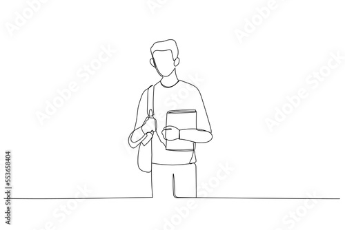 Cartoon of young student of carrying bagpack and holding books. One line art style