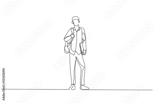 Illustration of happy student standing after class. Single line art style