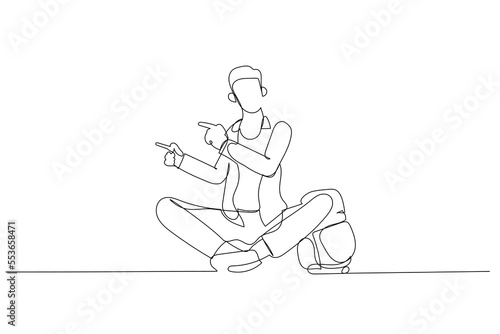 Cartoon of young student with casual clothes holding backpack point finger aside. One line art style