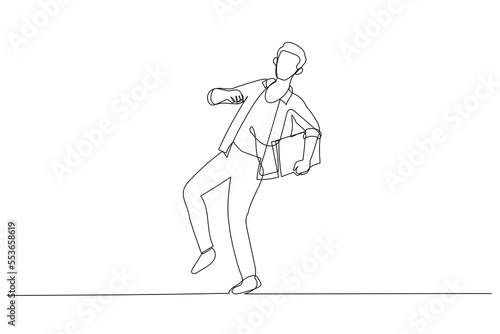 Drawing of student go to school with headphone running while listening to music. Single continuous line art style