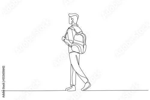 Illustration of back view of walking college student with bag on his shoulder.. Single line art style