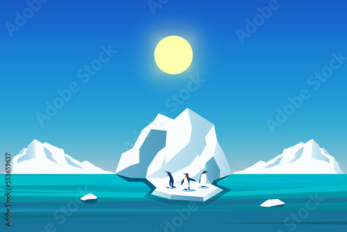 Climate change is real. Penguin on  melting mountain ice and sea level rising at daylight vector illustration
