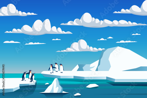 Climate change is real. Penguin on  melting mountain ice and sea level rising at daylight vector illustration