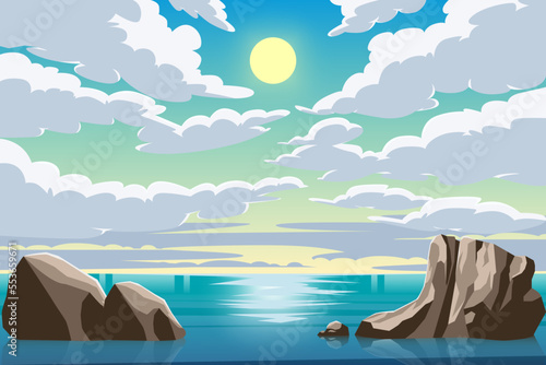 Sea ocean scenery at day light with sun and clouds background vector illustration
