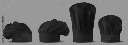Black chef hats, cooker uniform in restaurant or cafe kitchen. Mockup of professional baker or cooker toques isolated on transparent background, vector realistic illustration