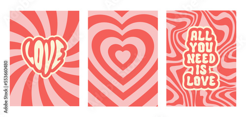 Groovy romantic set posters with text. Psychedelic backgrounds  in retro  vintage style 70s, 80s. Trendy  vector  illustration