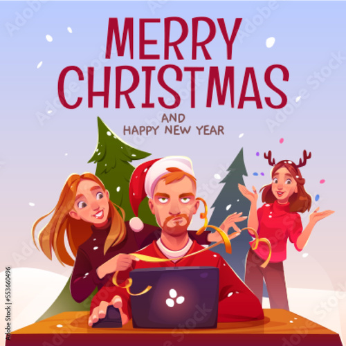 Boring man with annoyed face in Santa hat working on laptop. Happy female colleagues celebrating Christmas at office party, New Year trees background. Holiday depression. Cartoon vector illustration