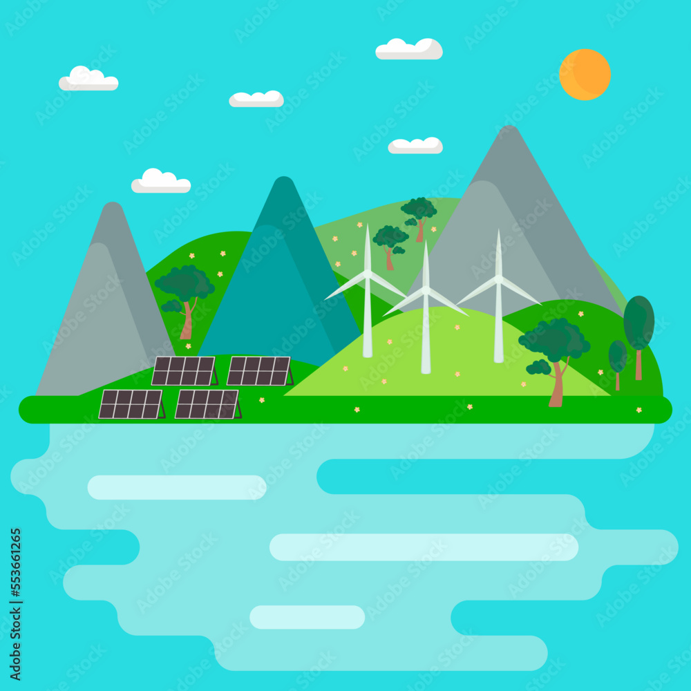 icon, sticker, poster on the theme of saving and renewable energy with mountains landscape and wind turbine, solar panels and trees.