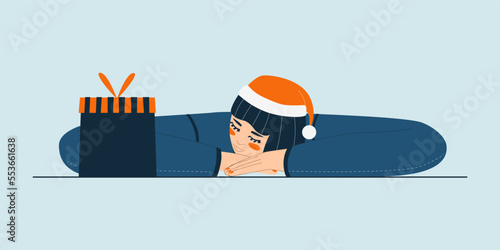 Festive, New Year, liquid flat illustration with a girl in a Santa hat resting her head on her hand and closing her eyes. New Year's decor, postcards, websites, print, sticker