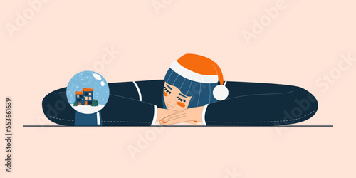 Festive, New Year, liquid flat illustration with a girl in a Santa hat resting her head on her hand and closing her eyes. New Year's decor, postcards, websites, print, sticker