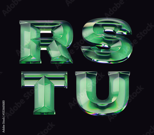 3d render of font set with letters made of glossy green glass