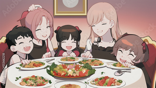 illustration, A family gathered around the dinner table, smiling and sharing a holiday meal