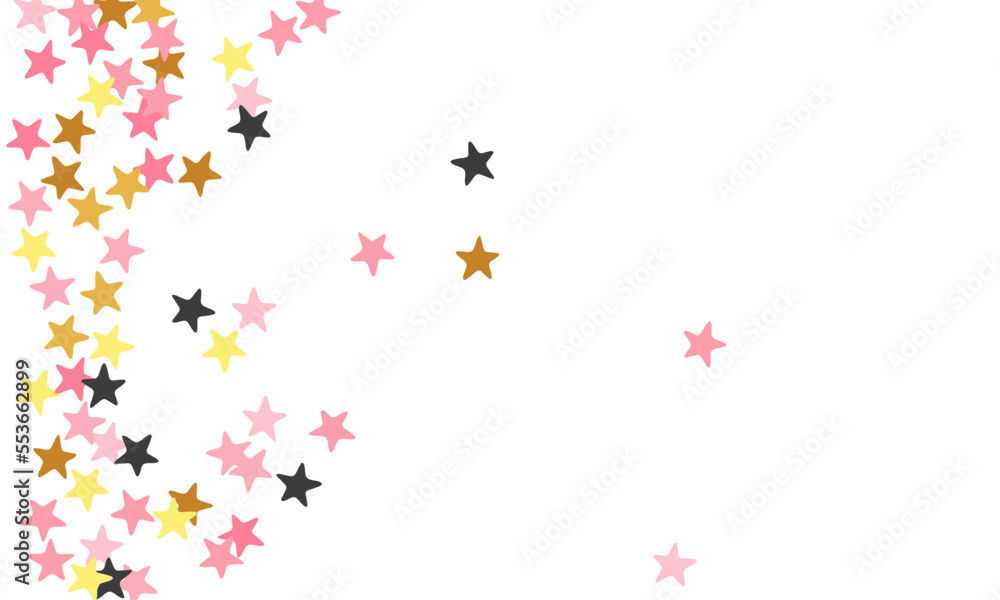Rich black pink gold stars random vector design. Many starburst spangles birthday decoration elements. Dreams stars random backdrop. Sparkle elements congratulations decor.