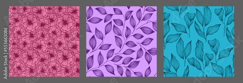 Tree branch leaves and flowers sketch doodle hand drawn vector seamless patte...