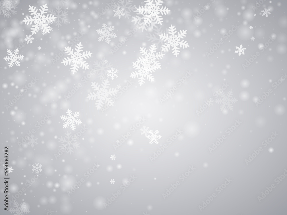 Magical falling snowflakes background. Snowfall dust ice shapes. Snowfall weather white gray wallpaper. Mess snowflakes february texture. Snow hurricane landscape.