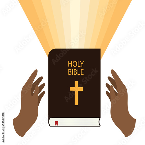 Two African American hand protect holy bible. Lights from bible. Reading book. Studying religion. Vector illustration.