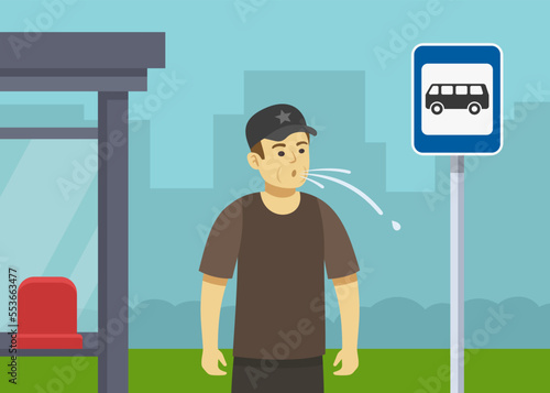 Young male character spitting at bus stop. Do not spit in public places. Close-up view of a man waiting city bus. Flat vector illustration template.