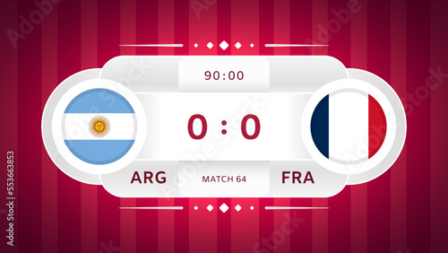 Argentina vs France Match Design Element. Flag icons isolated on stylized red striped background. Football Championship Competition Infographics. Announcement, Game Score Template. Vector
