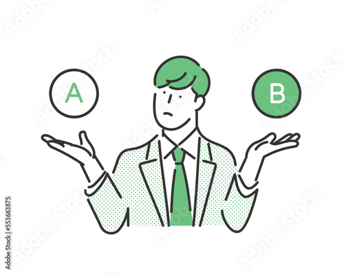 AとBを比較をして考える男性のビジネスパーソンのイラスト素材 photo