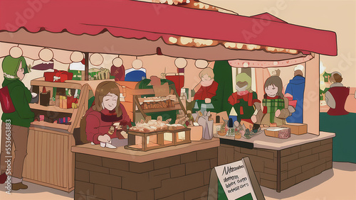 illustration, A Christmas market with stalls selling handmade gifts and warm food and drinks