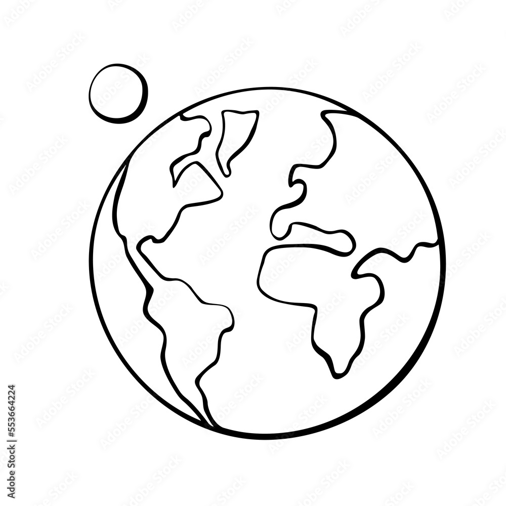Vector outline drawing Earth with Moon. Minimalist simplified World Symbol, clip art, icon, logo in Doodle style. Theme of geography, peace, ecology, Social Media, cosmos Vector outline drawing Earth with Moon. Minimalist simplified World Symbol, clip art, icon, logo in Doodle style. Theme of geography, peace, ecology, Social Media, cosmos