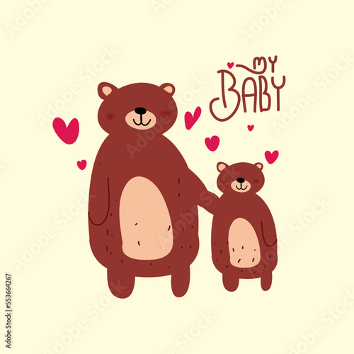 Cute mommy bear and her baby in childish style. Vector Illustration.