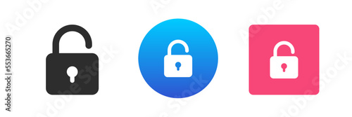 Padlock open lock access unlock password private encryption key icon set vector flat illustration
