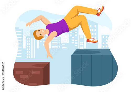 Parkour Sports with Young Men Jumping Over Walls and Barriers in City Streets and Buildings in Flat Cartoon Hand Drawn Template Illustration