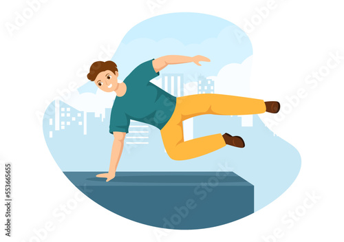 Parkour Sports with Young Men Jumping Over Walls and Barriers in City Streets and Buildings in Flat Cartoon Hand Drawn Template Illustration