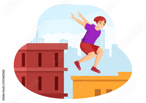 Parkour Sports with Young Men Jumping Over Walls and Barriers in City Streets and Buildings in Flat Cartoon Hand Drawn Template Illustration