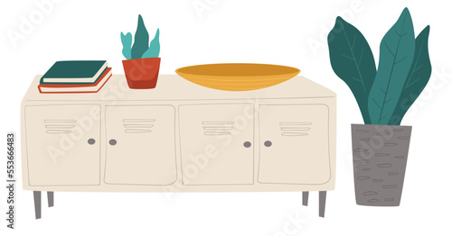 Bathroom or kitchen interior, plants and counters