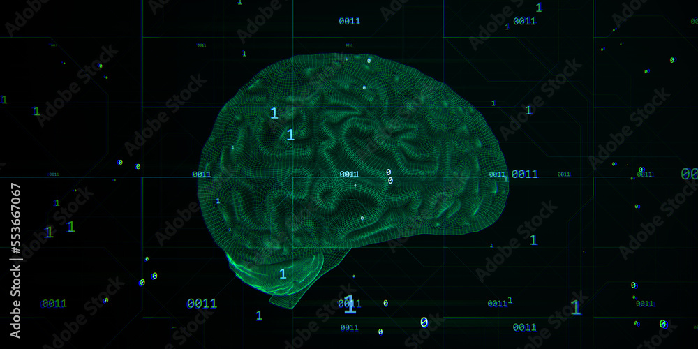Neural network and scientific technology concept with green human brain layout with convolutions on dark technological background. 3D rendering Neural network and scientific technology concept with green human brain layout with convolutions on dark technological background. 3D rendering