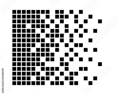 Pixel disintegration background. Halftone fragment. Dispersed dotted pattern. Concept of disintegration. Square pixel mosaic textures with square particles. Vector illustration on white background.