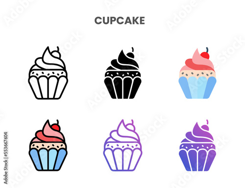 Cupcake icons vector illustration set line, flat, glyph, outline color gradient. Great for web, app, presentation and more. Editable stroke and pixel perfect.
