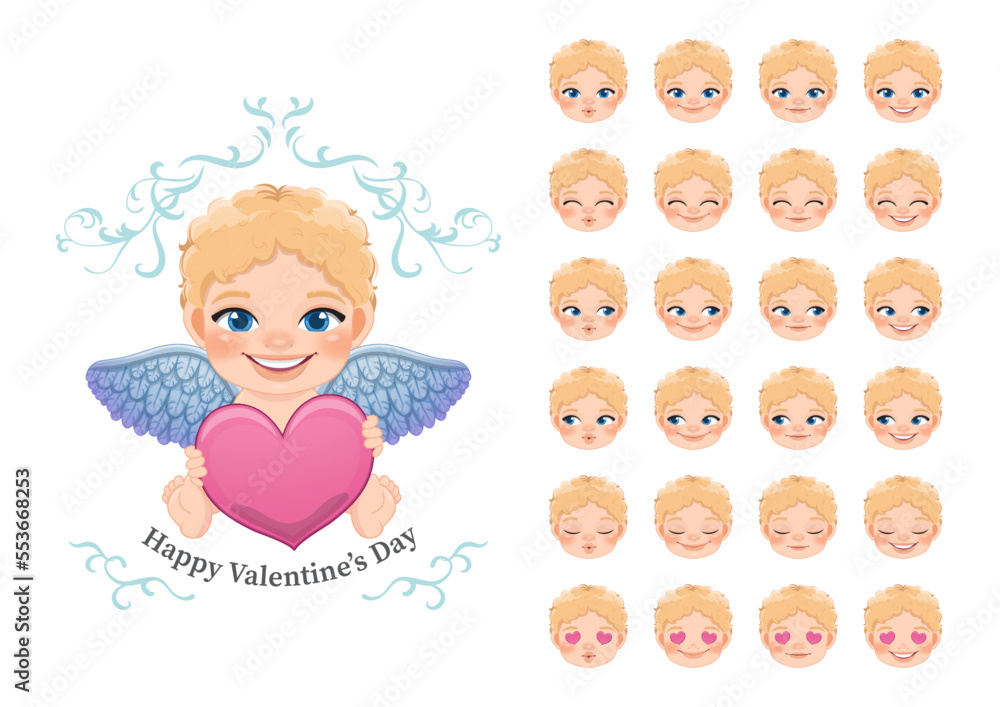 Valentine Card Template with Cute Cartoon Cupid Holding Heart and Collection of Faces in Different Moods Cartoon Character Vector Valentine Card Template with Cute Cartoon Cupid Holding Heart and Collection of Faces in Different Moods Cartoon Character Vector