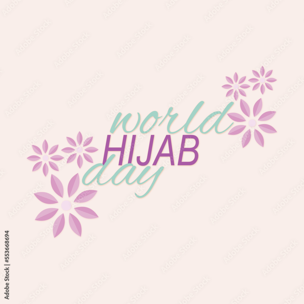 Card for world hijab day with text and flowers.