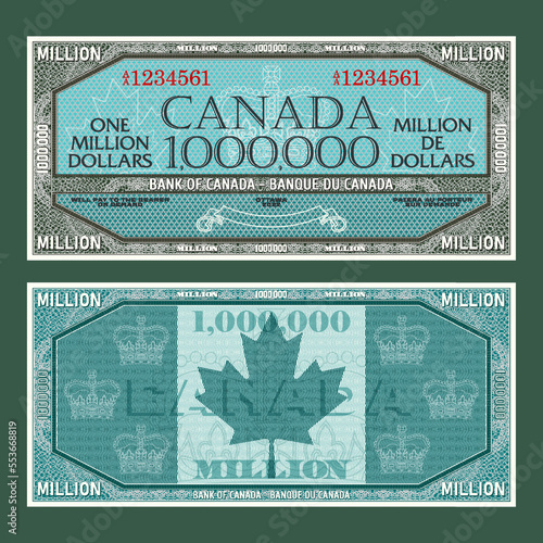 Vector vintage fictional Canadian money. Obverse and reverse of the gaming banknote with guilloche frame. The inscriptions in French mean one million dollars and bank of Canada.
