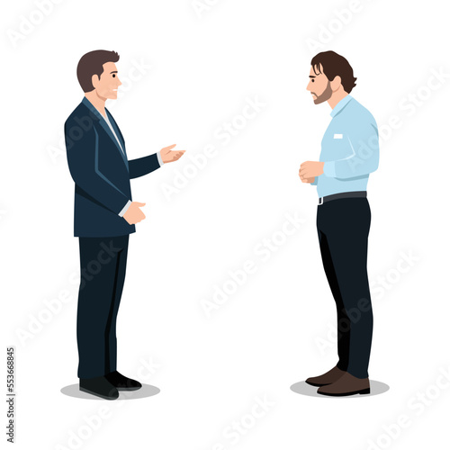 The boss talks at the subordinate in connection with falling of sales. The chief shouts. Angry boss character scream. Vector illustration. boss dismisses subordinate